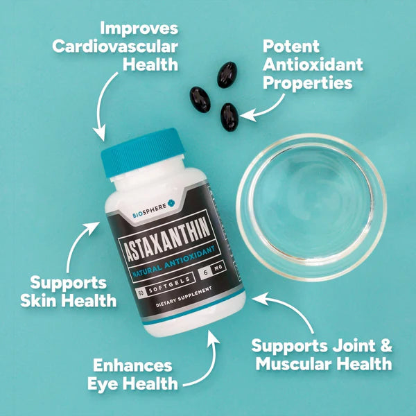 Biosphere Astaxanthin dietary supplement bottle on a teal background with callout text and arrows highlighting benefits: improves cardiovascular health, potent antioxidant properties, supports skin health, enhances eye health, and supports joint and muscular health. Three black astaxanthin capsules and a clear glass bowl are also shown.
