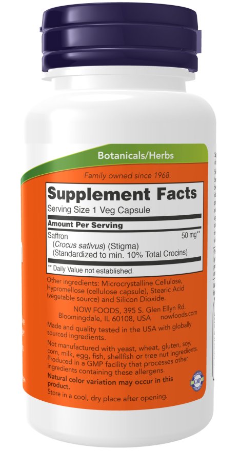 Saffron 50mg (10% Crocins) 60 Veg Capsules - back of bottle showing supplement facts