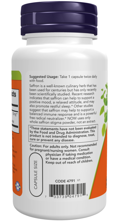 Saffron 50mg (10% Crocins) 60 Veg Capsules - side of bottle showing product label