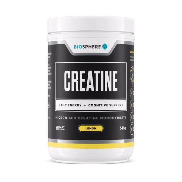 Biosphere Creatine 348g Lemon Flavour tub, front label