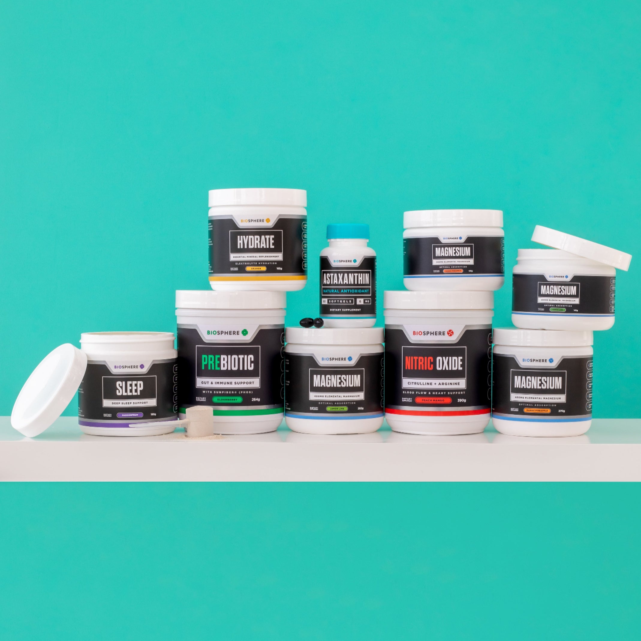 Biosphere_NitricOxide_Magnesium_Astaxanthin_sleep_GutFibre_GroupShot