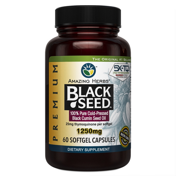 Black Seed Oil Premium 1250mg XL 60 Softgels - front of bottle