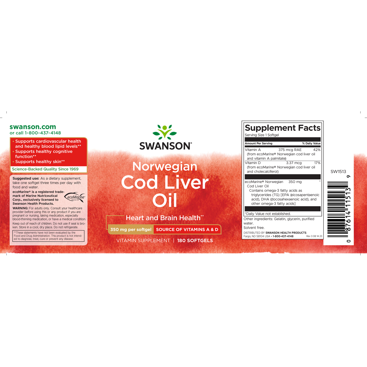 Swanson - Cod Liver Oil 350mg 180SG