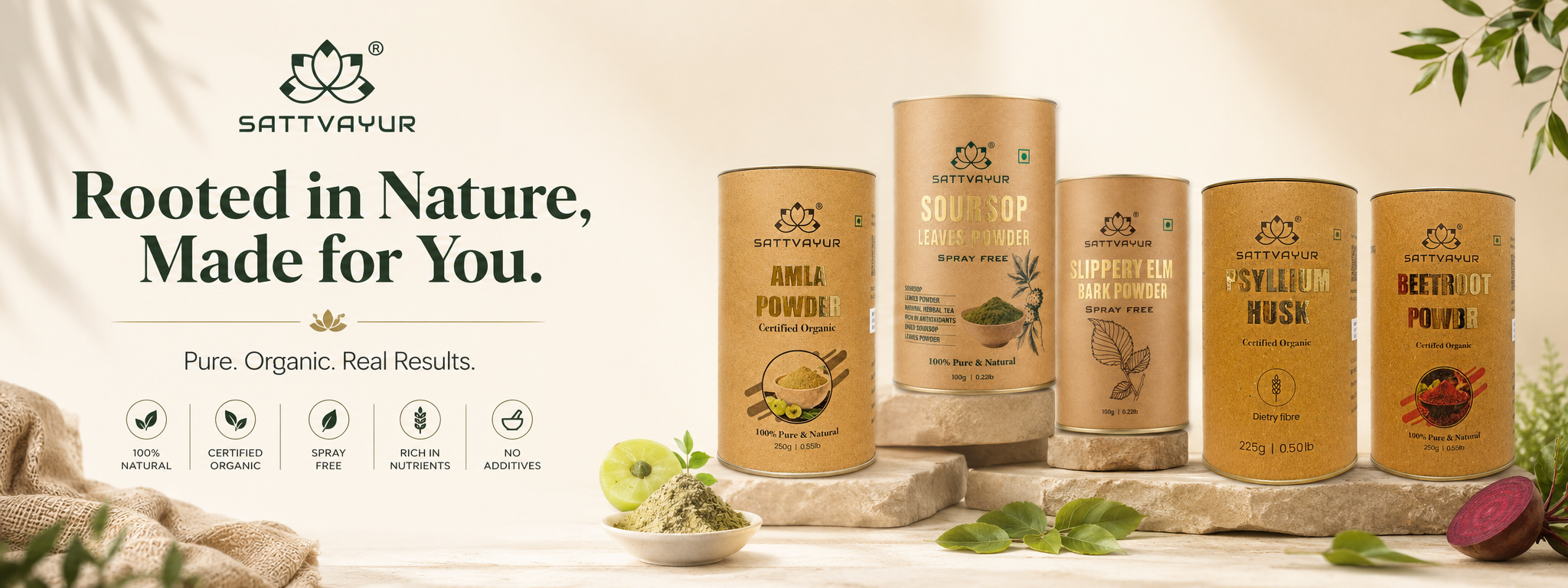 Displaying Sattvayur range in a website banner, amla powder, soursop leave powder, slippery elm bark, psyllium husk and beetroot powder, organic, spray free, real results