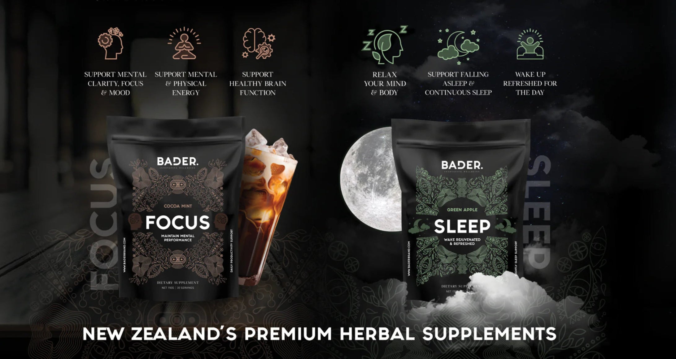 Bader Focus and Sleep herbal supplement packages with moonlit background