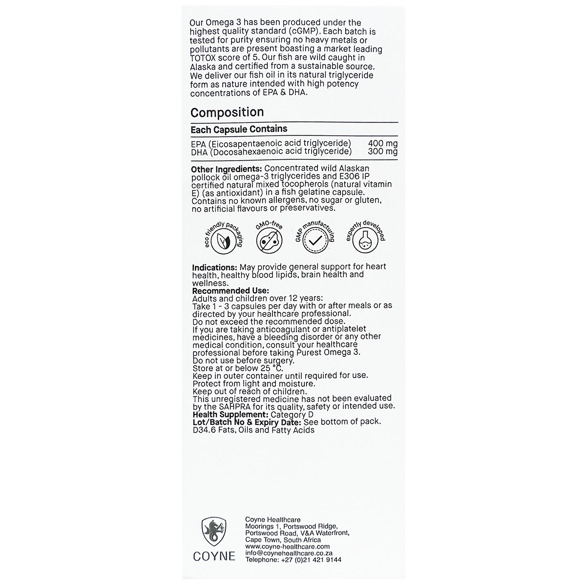 Coyne - Purest Omega 3 1000mg from wild Alaskan Fish 60SGC